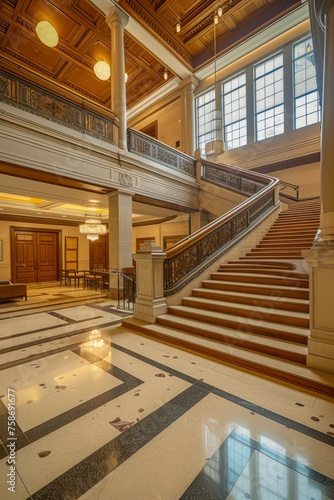 Corporate Business Photography of an Architectural Masterpiece Featuring a Grand Staircase  Generative AI