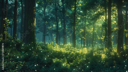 Enchanted forest scene with glowing fireflies illuminating the woods at twilight, showcasing ethereal beauty and magic of nature. © ChubbyCat