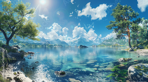 A serene landscape showcases a crystal-clear lake reflecting the sky, flanked by lush trees with rocky shorelines, against a backdrop of majestic mountains under a bright sun.