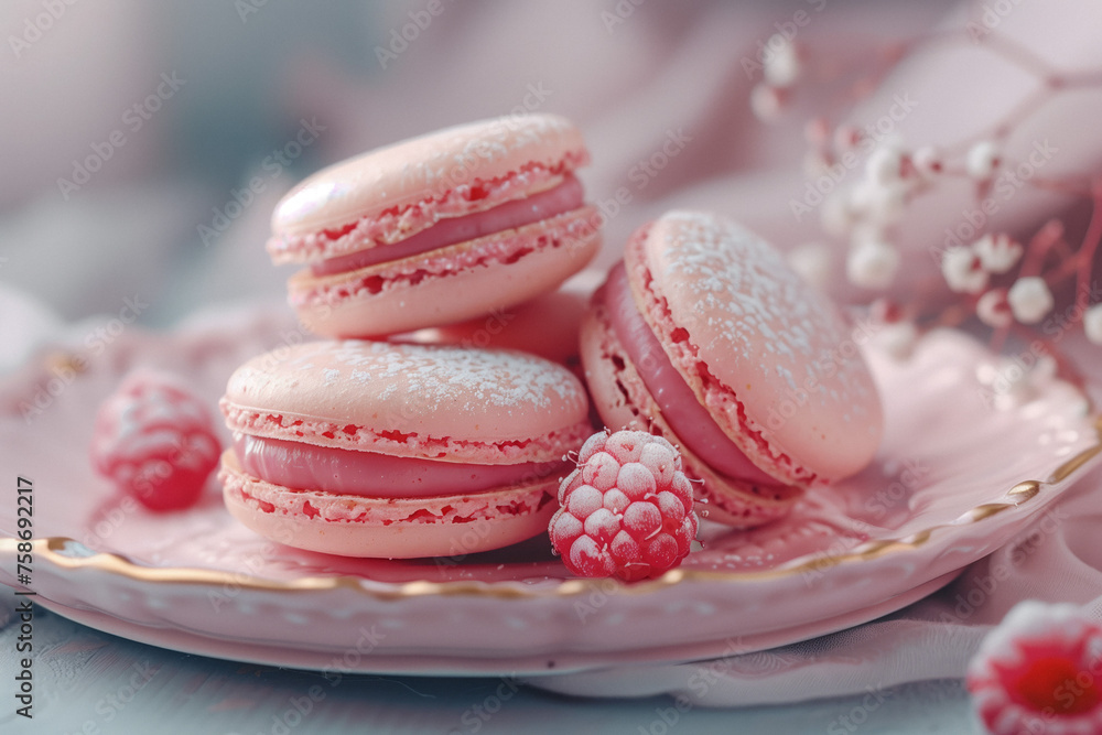 Elegantly arranged almond macarons and raspberry on a plate. Almond-Flavored Color Macarons.