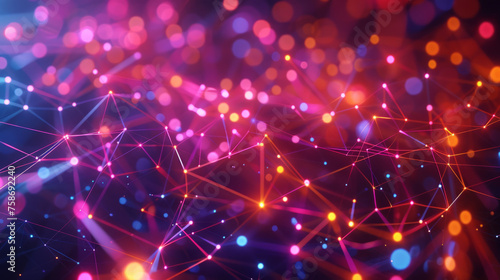 Abstract image featuring a network of connected points and lines on a colorful bokeh background, symbolizing connectivity, technology, and digital data.