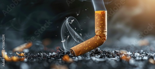 Extinguished cigarette with smoke rising, resting on ash surface, a dramatic take on smoking cessation - AI generated photo