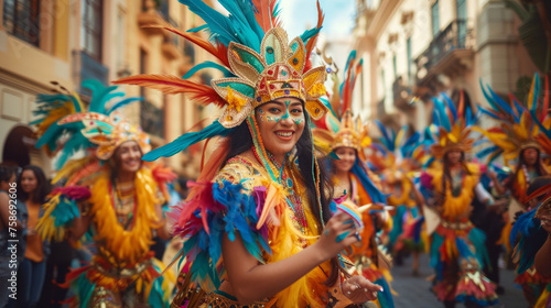 Vibrant street parade with a foreground figure adorned in an elaborate feathered headdress and colorful costume dancing with joy amidst a crowd of similarly dressed participant