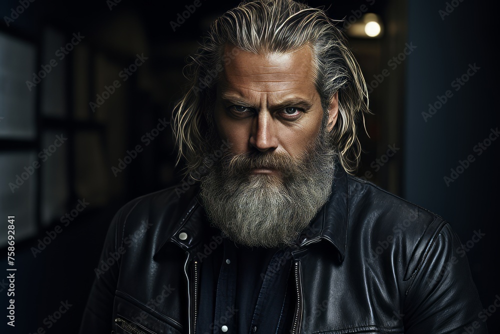 Portrait of a handsome mature man with long gray beard and mustache wearing a leather jacket. Men's beauty, fashion. - obrazy, fototapety, plakaty 