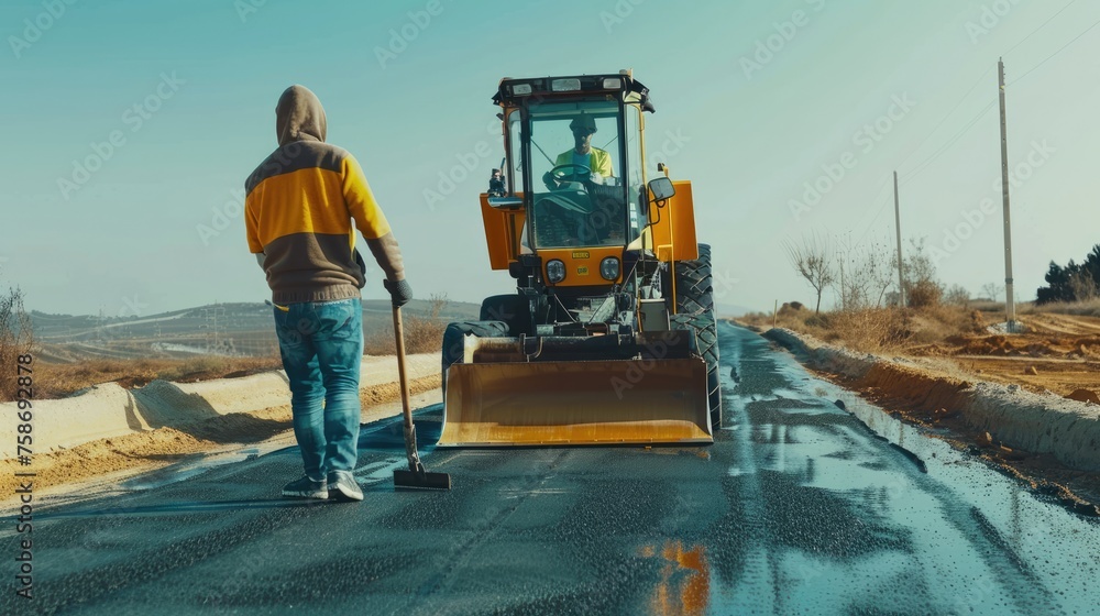 Road construction crew paving fresh asphalt with heavy machinery under bright sunny conditions - AI generated Road construction crew paving fresh asphalt with heavy machinery under bright sunny conditions - AI generated