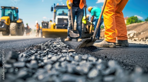Road construction crew paving fresh asphalt with heavy machinery under bright sunny conditions - AI generated photo