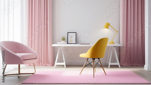 Stylish room interior with modern comfortable workplace in pink and yellow colours photo