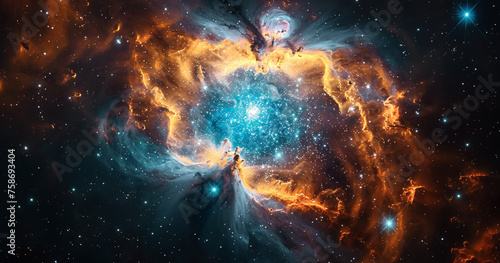 A mesmerizing supernova explosion in space, radiating vibrant hues of orange and blue amidst a star-studded backdrop.
