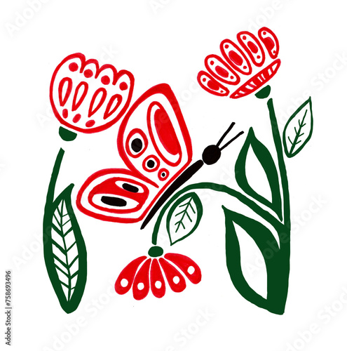 Stylized illustration. Flowers and a butterfly sitting on them. Red flowers, green leaves. The butterfly has red wings, a black body, in profile. Flowers and butterfly are made of decorative patterns. photo