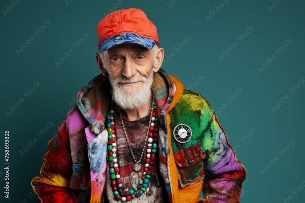 Portrait of an old hippie man with hat and colorful clothes Portrait of an old hippie man with hat and colorful clothes