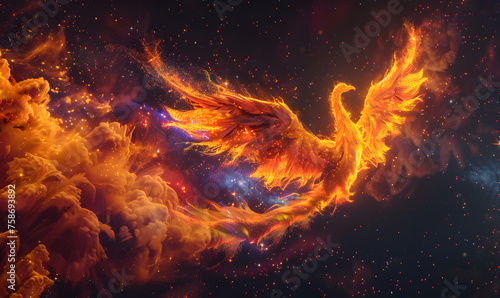 A fiery phoenix rising from ashes, Generative AI © simba kim