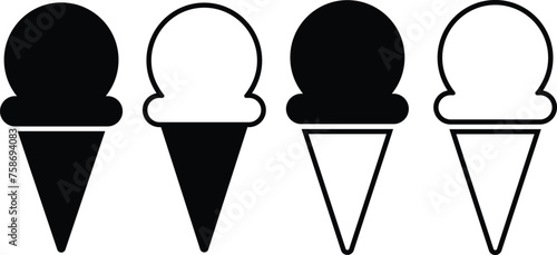 Ice cream cone icon set isolated on transparent background. Modern sweet vanilla desert sign. Trendy black vector chocolate cram symbol collection for web site design, button to mobile app. Logotype.