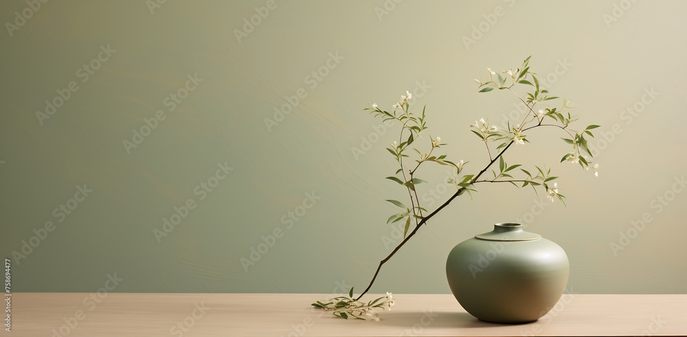 A calming display of three green ceramic vases with delicate dried flowers against a soft green wall.