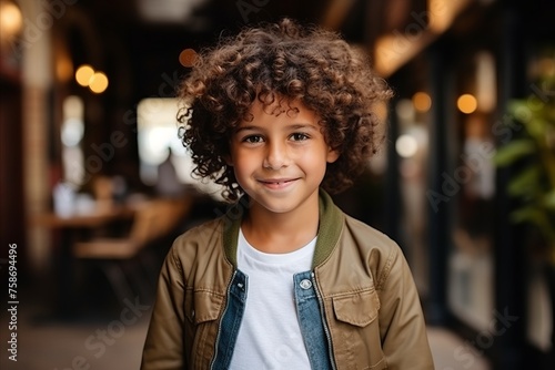 Portrait of a cute afro-american boy in a cafe