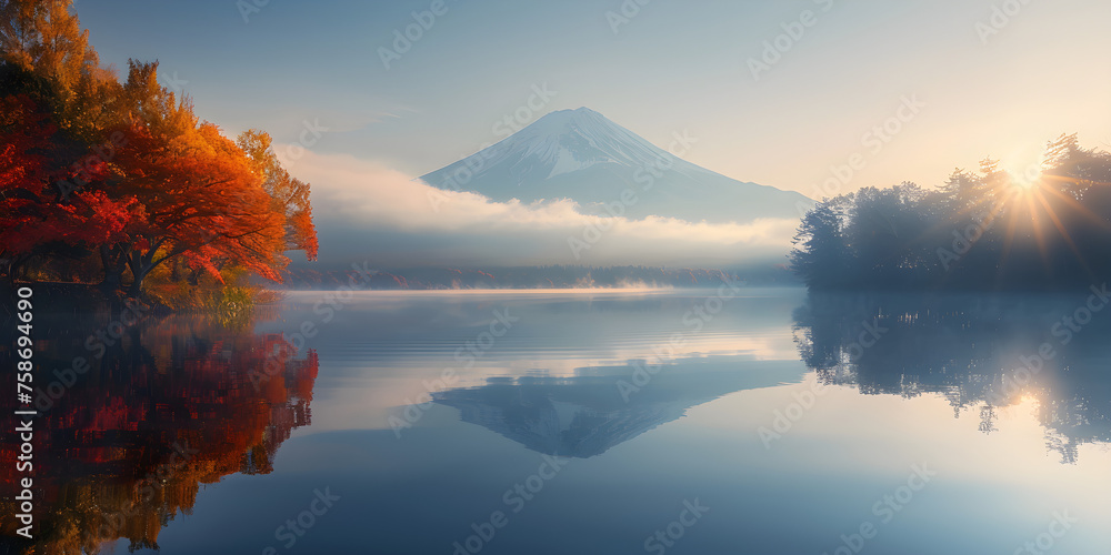 Autumn magic: morning fog around Mount Fuji at Lake Kawaguchiko, a peaceful and surreal landscape in Japan.