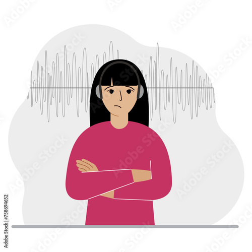 Woman in headphones and a sound track. Concept of online podcast, radio, online books, online learning and music.