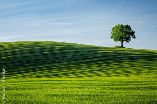 A single tree with lush canopy stands out in the field with clear blue sky