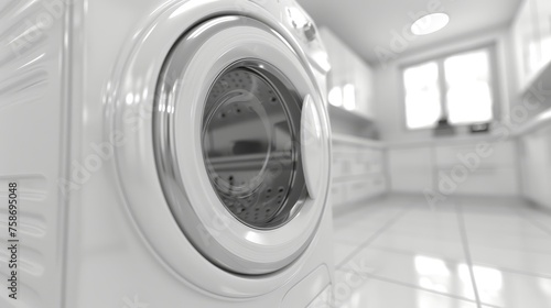 a close-up image of a white washing machine. standing alone in a white room, white background. © Wayu