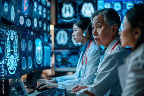 Three healthcare professionals are assessing brain imaging scans displayed across multiple monitors in a darkened room photo