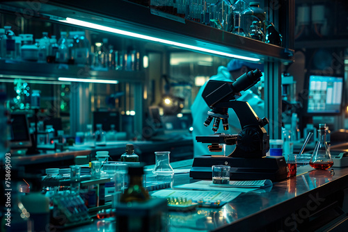 An advanced microscope is carefully placed on a desk amidst various laboratory items in a research facility during nighttime photo