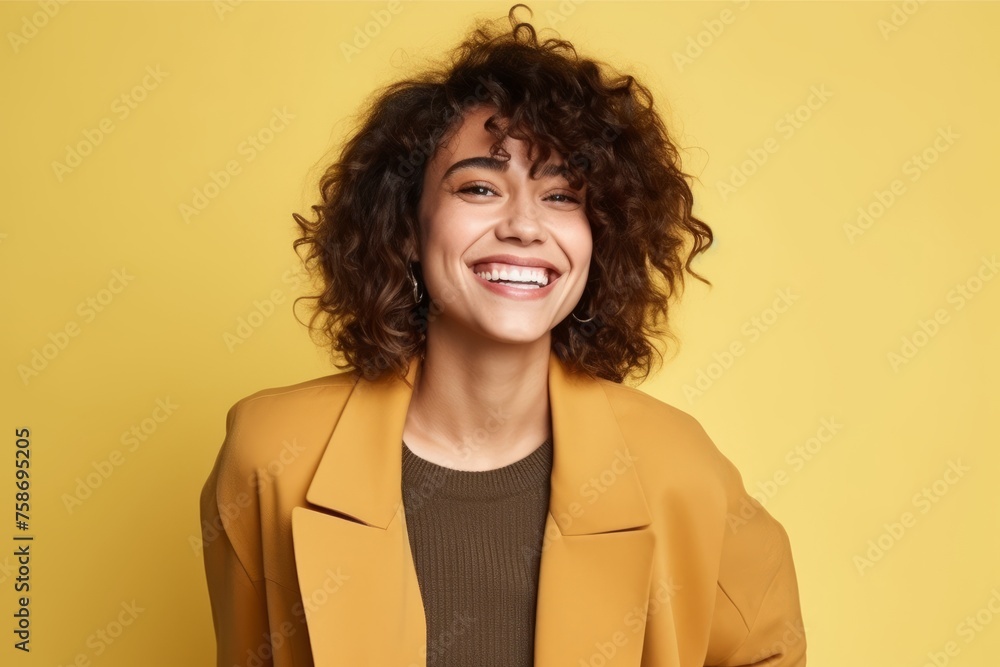 Portrait of a beautiful young african american woman laughing over yellow background Portrait of a beautiful young african american woman laughing over yellow background