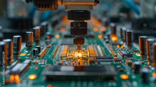 A close-up image showcasing a robotic arm engaged in precision work on a circuit board, with intricate electronic components and glowing connection points.