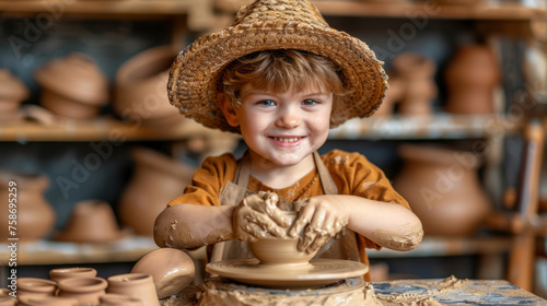 A happy child is engaging in the hobby of pottery, shaping a clay object on a ceramic wheel. Generative AI photo