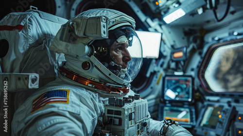 A man in a space suit is sitting in a space shuttle