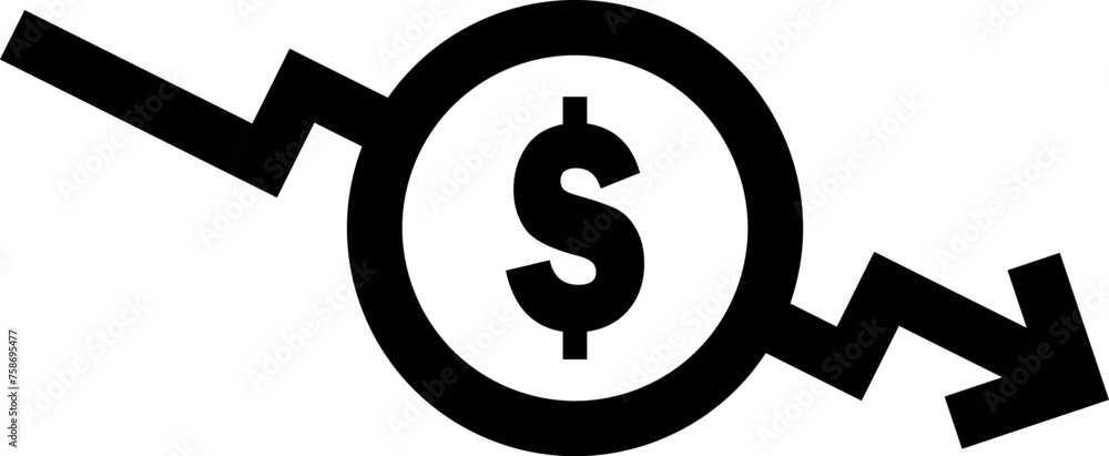 dollar decrease icon. Money symbol with arrow stretching rising drop fall down. Business cost reduction icon. vector illustration. dollar decrease icon. Money symbol with arrow stretching rising drop fall down. Business cost reduction icon. vector illustration.