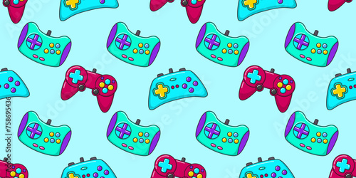 Vector gamer seamless pattern. Gamepad controller on blue background. Gaming joysticks icons in doodle style. Wallpaper, print, textile, fabric, wrapping. Computer game banner.