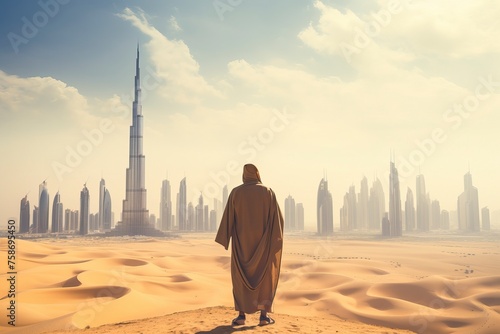 Arab man standing front Dubai skyline in the desert of UAE - generative ai