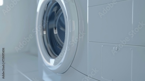 a close-up image of a white washing machine. standing alone in a white room, white background.