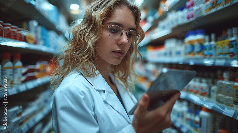 A professional female pharmacist in a white coat uses a digital tablet and checks the availability and quality of drugs in the pharmacy. Medical Modern Technologies, Healthcare Concepts, Health