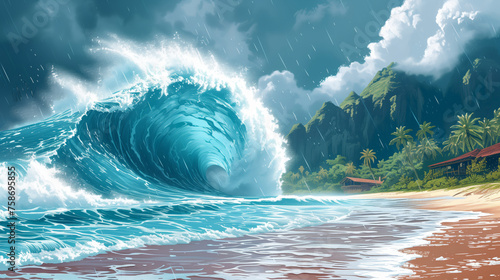 A large tsunami wave hits the coast. Natural disaster concept photo