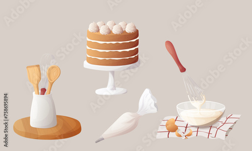 Baking set.  Cake, Mixer or whisk whipped cream, decorate cakes with cream from pastry bag. Bakery process vector illustration. Kitchenware, cooking utensil isolated on white