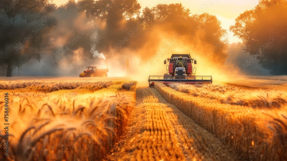 Amidst golden fields of wheat, a combine harvester work tirelessly. Amidst golden fields of wheat, a combine harvester work tirelessly.