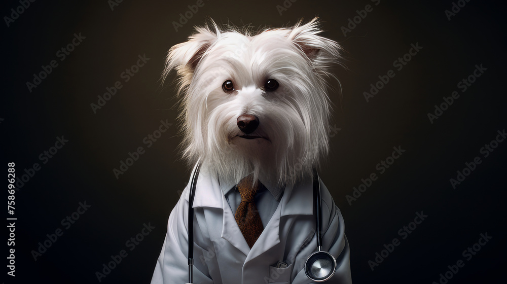 A small dog in a doctor's coat, glasses and a stethoscope on a dark background. Pet care and grooming concept. A small dog in a doctor's coat, glasses and a stethoscope on a dark background. Pet care and grooming concept.