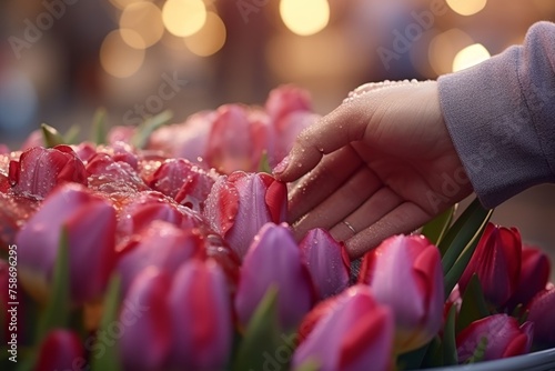 florist makes a colorful bouquet, hands close-up photo