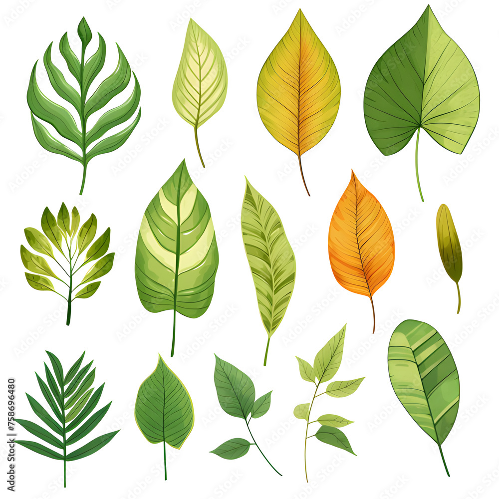 Set of tropical leaves, vector, watercolor, variety, ornamental, transparent background