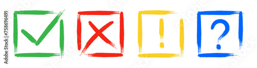 Dirty grunge cross x, tick OK, exclamation and question check marks in check boxes, hand drawn with brush strokes vector illustration isolated background. Exclamation, question mark, NO, YES symbols.
