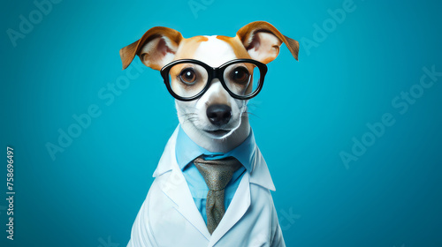 A dog with glasses, a stethoscope and a doctor's suit on a blue background. Pet care and grooming concept. Banner © ALA