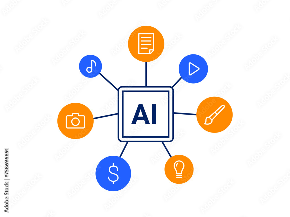 AI service options. Digital artificial intelligence generates ideas, art, text, video, and audio with prompts. Vector flat illustration isolated on a white background. AI service options. Digital artificial intelligence generates ideas, art, text, video, and audio with prompts. Vector flat illustration isolated on a white background.