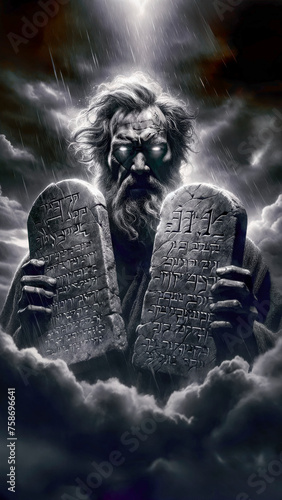 Monochrome of the Covenant: Moses Holding the Ten Commandments inscribed on Tablets of Stone by the God of Israel photo