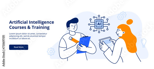 A man and woman learn artificial intelligence. AI services for work, study, creativity, and productivity. Vector flat illustration for web page, banner, or promo. 