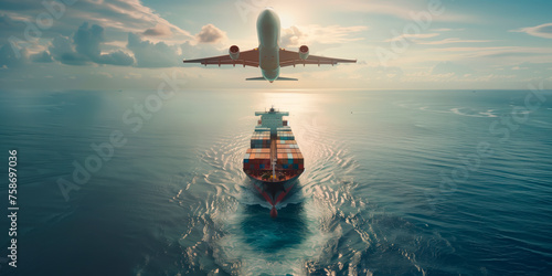 Airplane flying over a cargo ship at sea, showcasing global logistics. © henjon