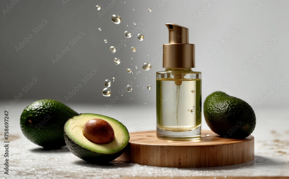 Intense serum bottle with healthy avocado on table. AI generated Intense serum bottle with healthy avocado on table. AI generated