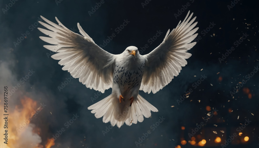 Flying white dove with fire effect on dark background. Holy spirit concept. AI generated Flying white dove with fire effect on dark background. Holy spirit concept. AI generated