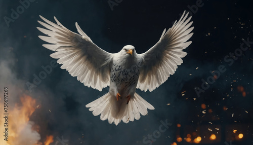 Flying white dove with fire effect on dark background.  Holy spirit concept. AI generated