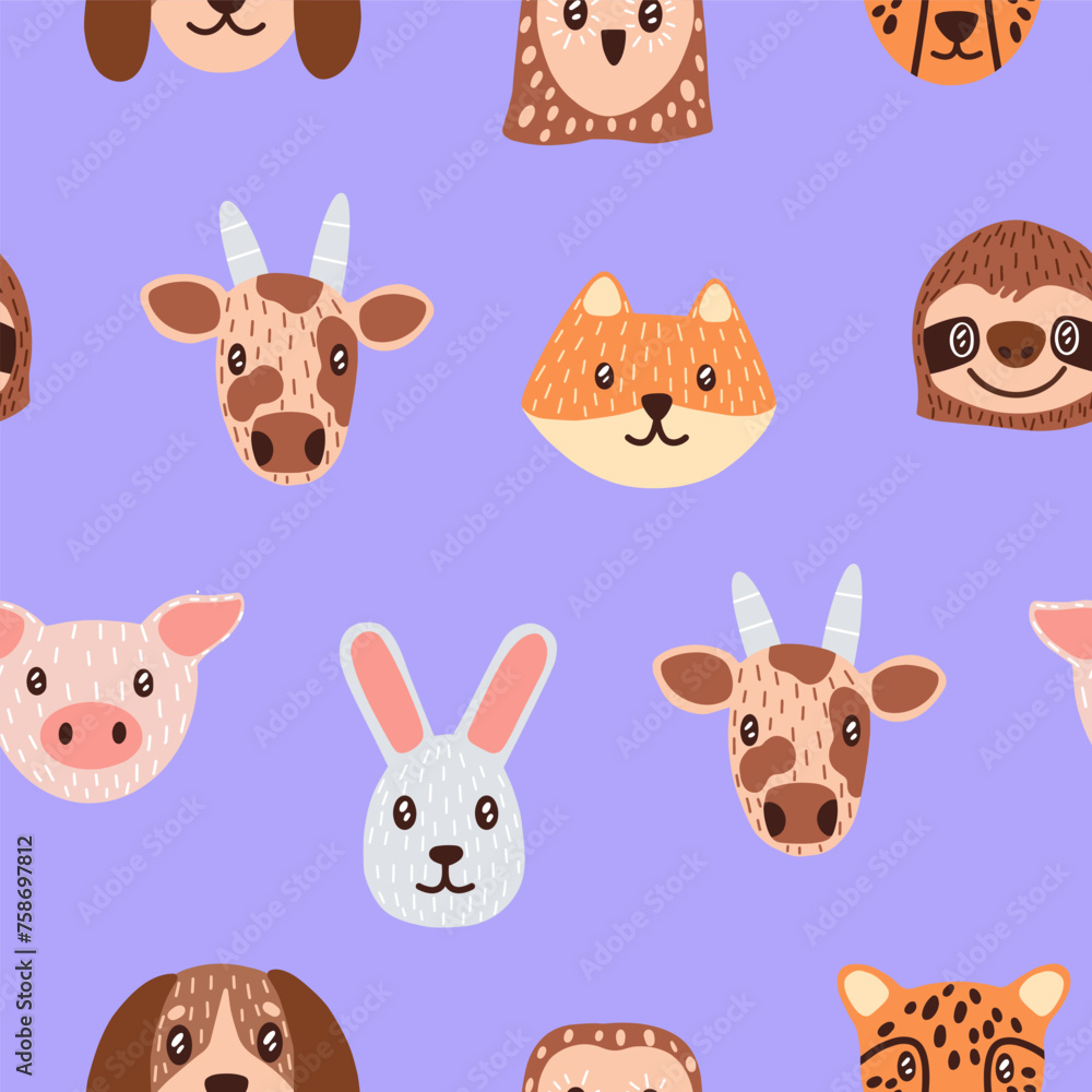 Repeatable print of cute animal muzzles. Endless pattern of different happy faces dog, owl, rabbit, cow, pig. Adorable childish portraits of leopard, fox, sloth. Flat seamless vector illustration Repeatable print of cute animal muzzles. Endless pattern of different happy faces dog, owl, rabbit, cow, pig. Adorable childish portraits of leopard, fox, sloth. Flat seamless vector illustration