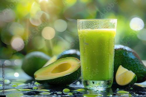 Glass of Avocado juice on table in cafe, closeup. 